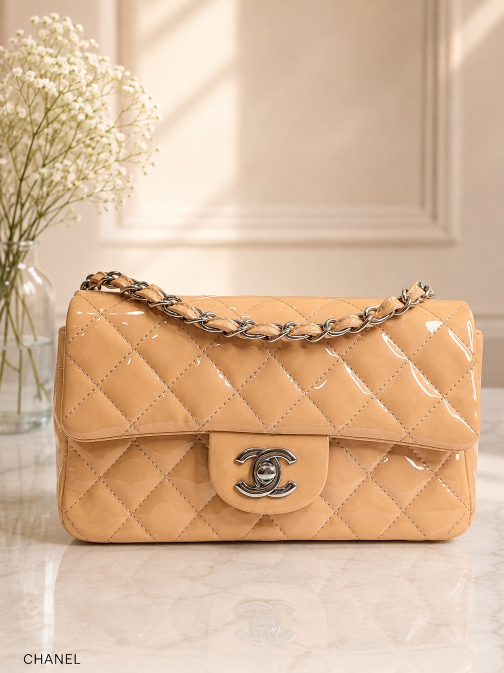 CHANEL Classic Mini Rectangular Chain Flap Bag Beige Patent Leather Crossbody